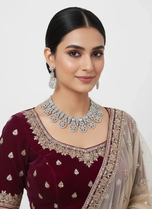 Luxury CZ Diamond Look Statement Necklace Set with Earrings worn by model, showcasing dazzling circular motifs and matching earrings.