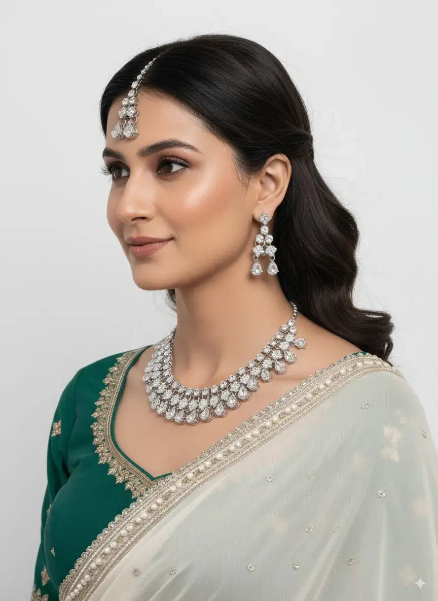 Bridal Diamond Look CZ Necklace Set with Earrings & Maang Tikka showcased on a model in elegant attire.