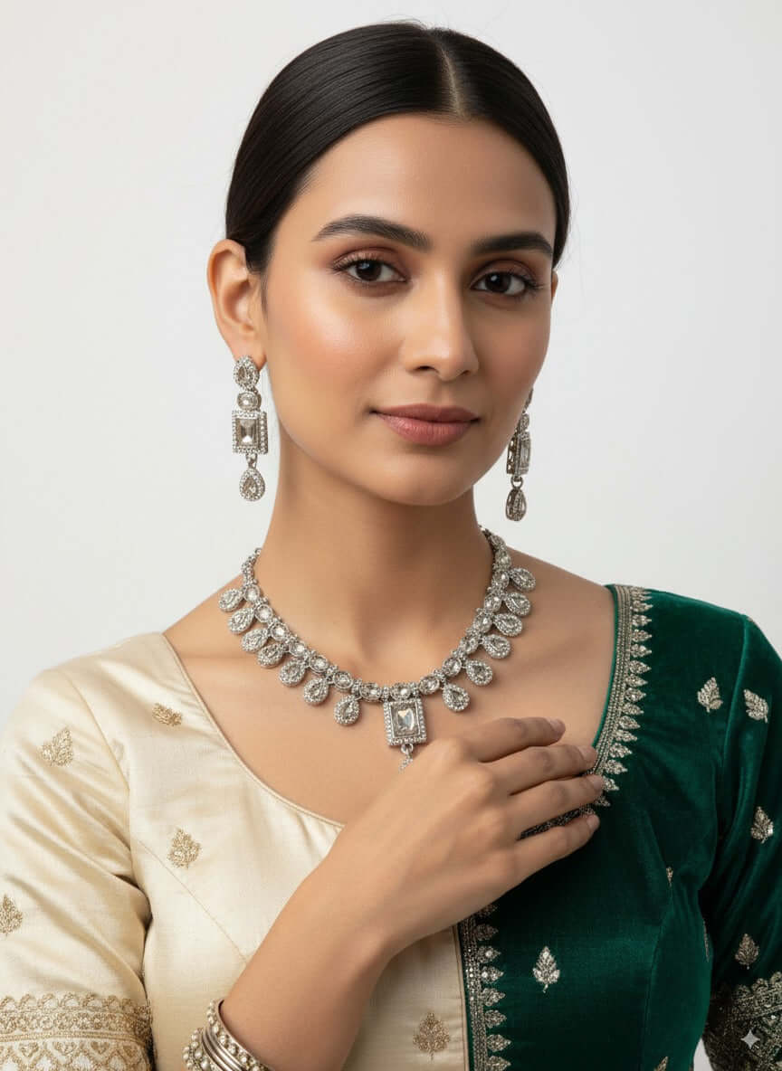 Square-Cut CZ Diamond Necklace Set with Matching Earrings worn by a model, showcasing elegance and style.