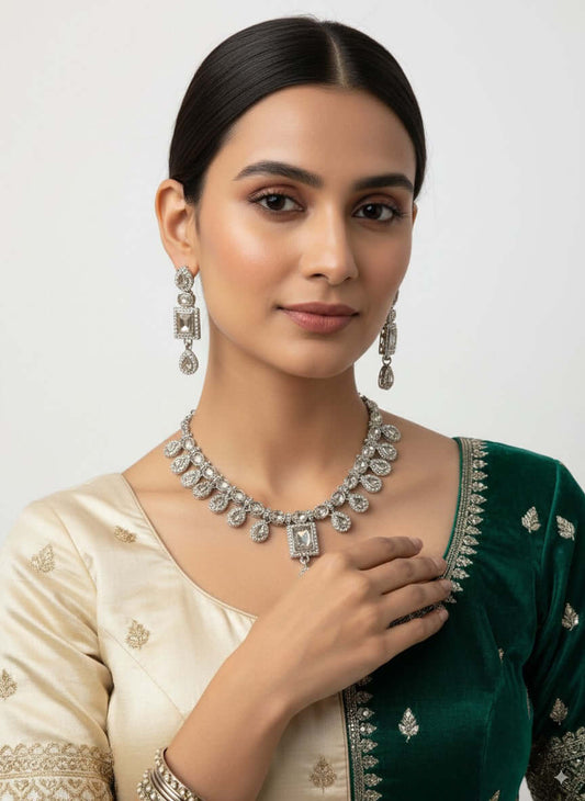 Square-Cut CZ Diamond Necklace Set with Matching Earrings worn by a model, showcasing elegance and style.