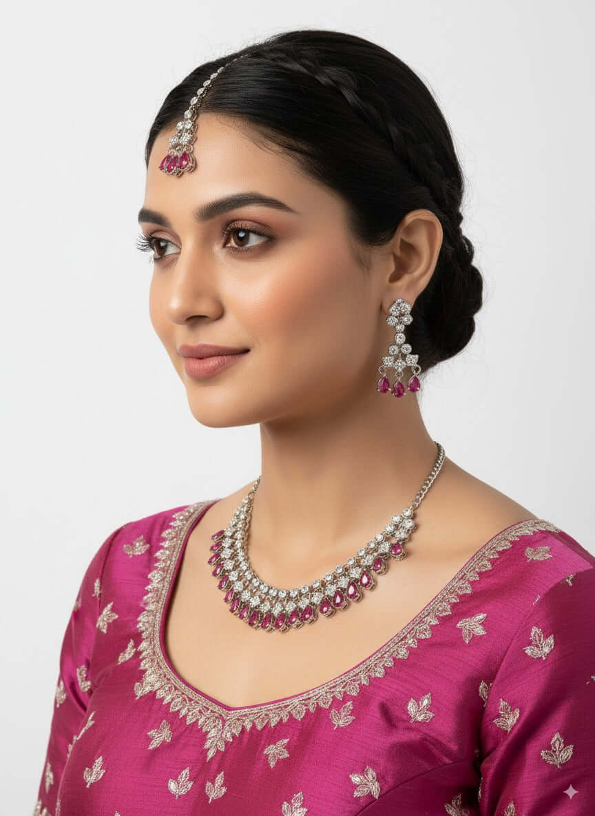 ruby red drop cz necklace set with earrings & maang tikka worn by a model, showcasing bridal beauty in a pink outfit.