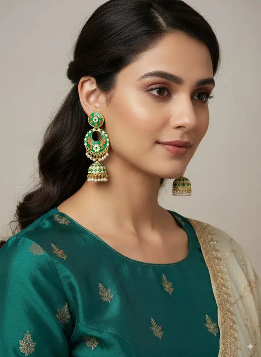 Gehna Green Enamel Jhumka Earrings with Pearl Drops – Designer Traditional Jewellery for Women worn by model.