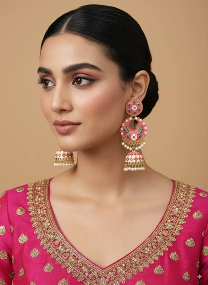 Gehna Pink Enamel Jhumka Earrings with Pearl Drops – Premium Festive Jewellery for Women worn by model.