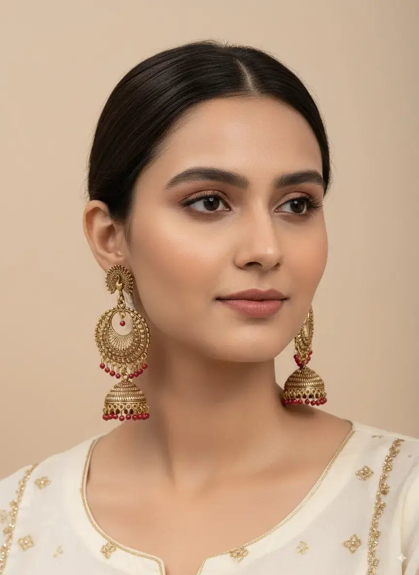 gold plated jhumka earrings with red beads | ethnic indian jewelry for women worn by a model showcasing traditional style.