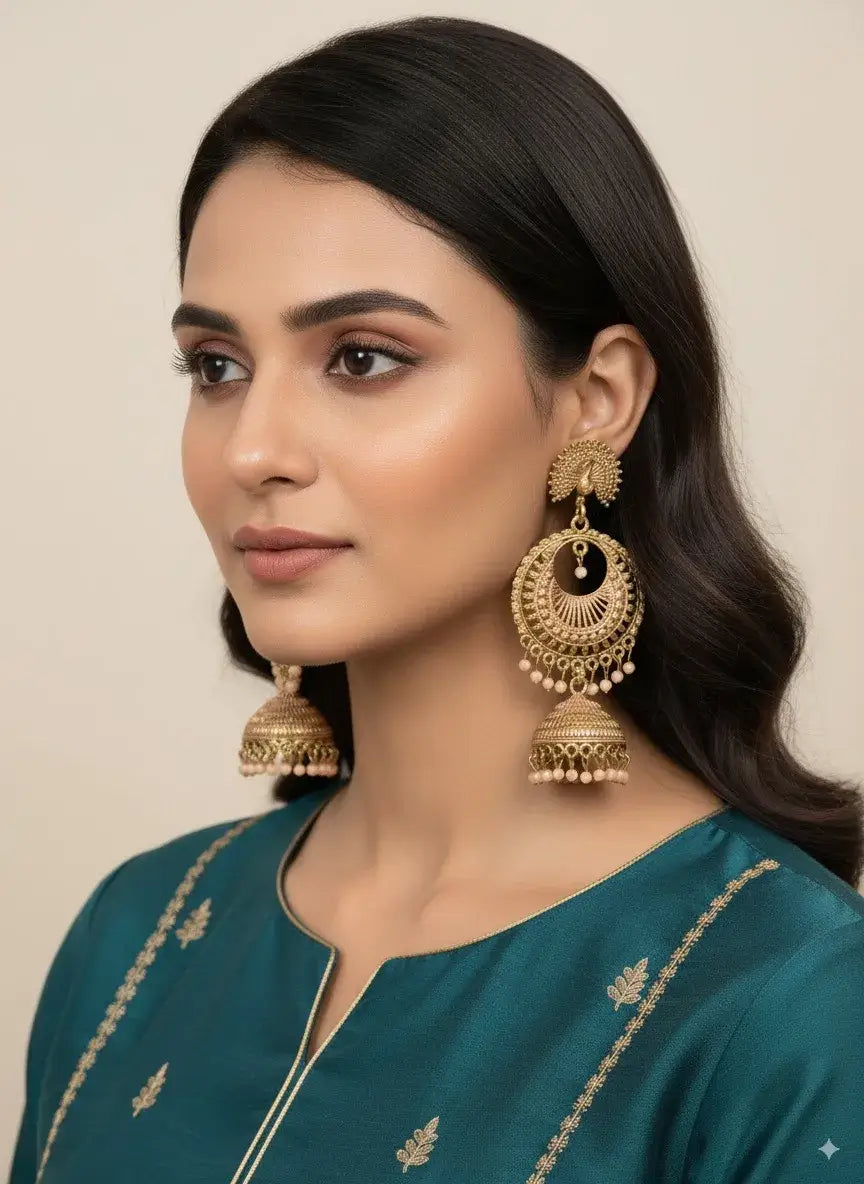 gold plated heavy jhumka earrings for women | traditional ethnic indian jewelry showcased on model