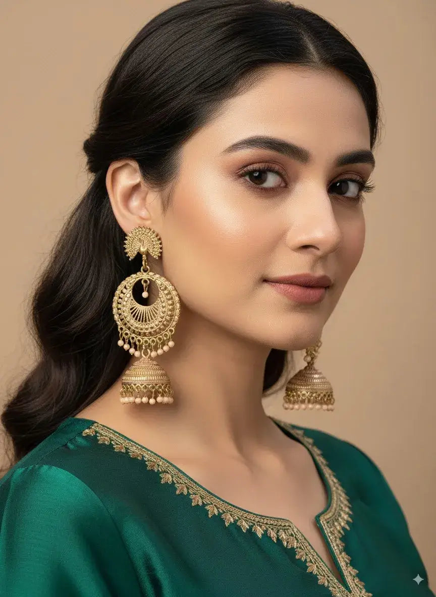 gold plated heavy jhumka earrings for women | traditional ethnic indian jewelry worn by a model with a green outfit.