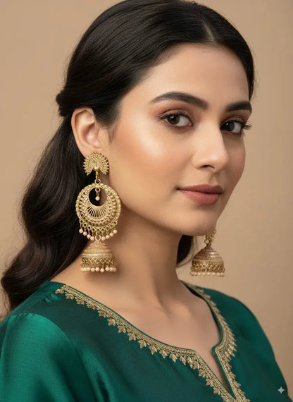 Gold Plated Heavy Jhumka Earrings for Women | Traditional Ethnic Indian Jewelry worn by a model with a green outfit.