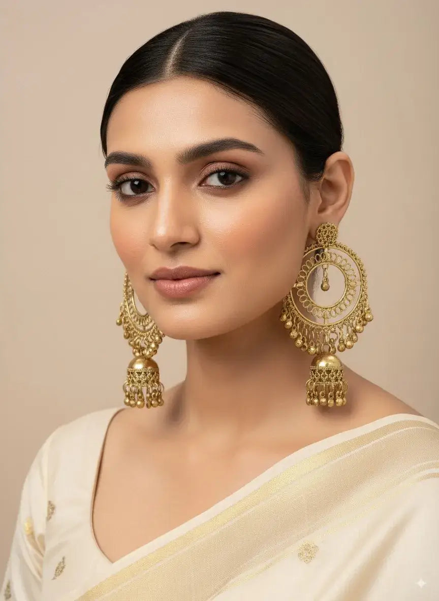 Gold Plated Big Round Hoop Jhumka Earrings for Women | Bridal & Party Wear worn by a model, showcasing elegant design.