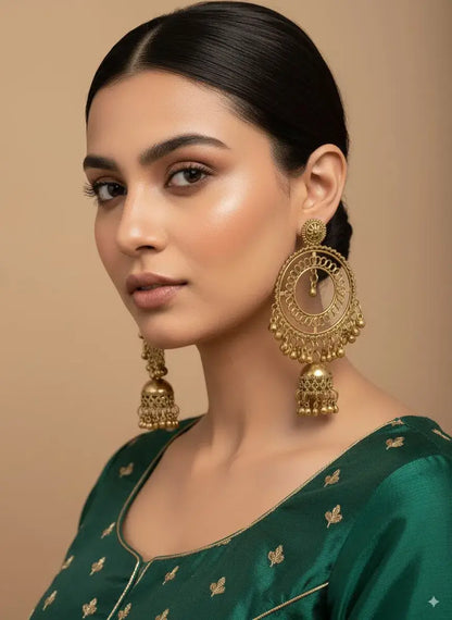 Gold Plated Big Round Hoop Jhumka Earrings for Women | Bridal & Party Wear worn by a model with traditional attire.