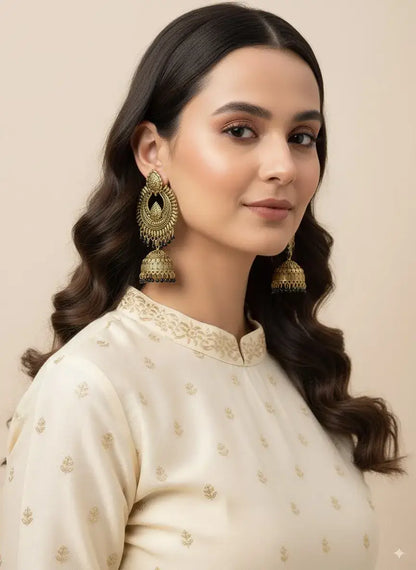Gold Plated Antique Jhumka Earrings for Women | Traditional Ethnic Jewelry worn by a woman in traditional attire.