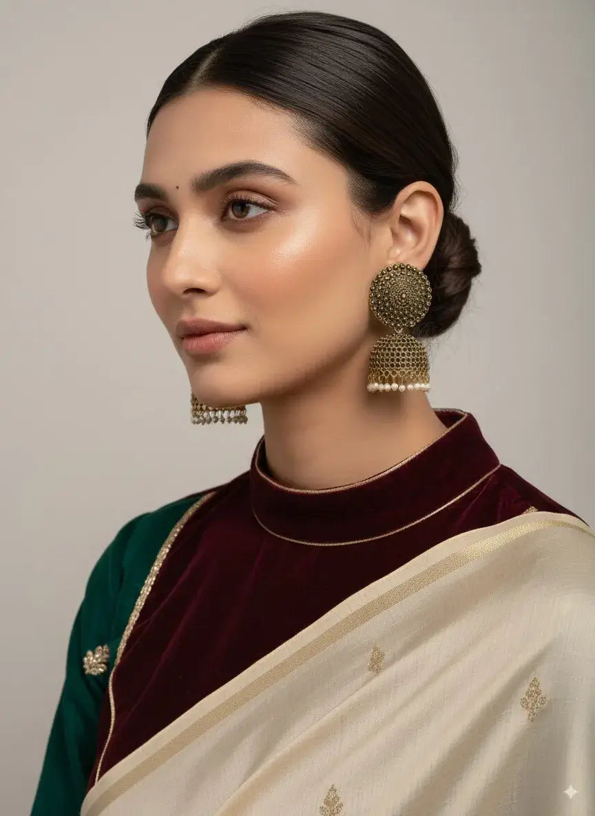 Antique Gold Oversized Dome Stud Jhumka Earrings with Pearl Drops worn by a model in traditional attire.