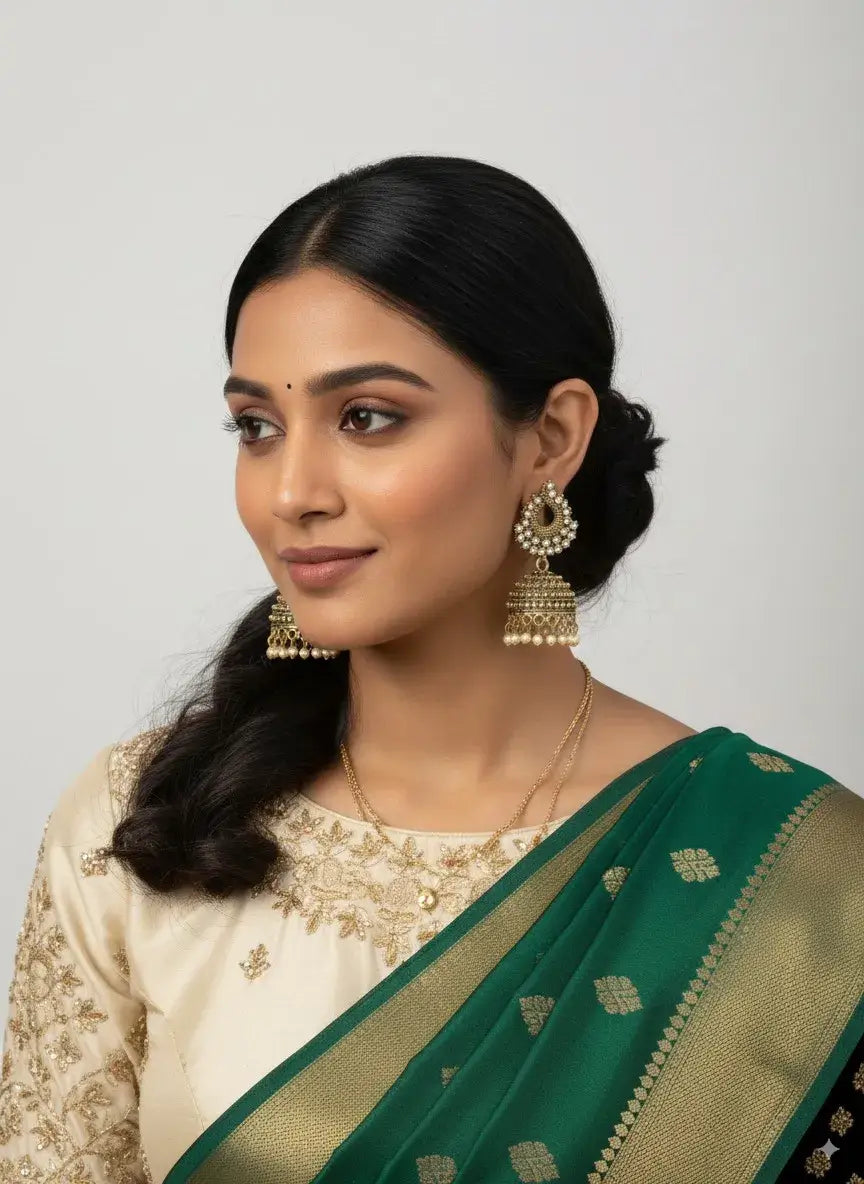 Gold-Plated Pearl Jhumka Earrings – Traditional Ethnic Wedding Jewellery worn with a green saree.