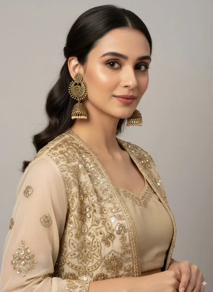 Antique Gold Temple Jhumka Earrings with Pearl Drops – Bridal & Festive Jewellery worn by a model in traditional attire.