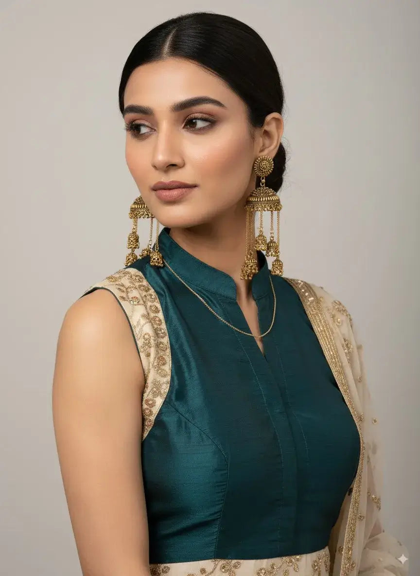 antique gold multi-layered long jhumka earrings with hanging chains – bridal & festive wear, styled with ethnic outfit.