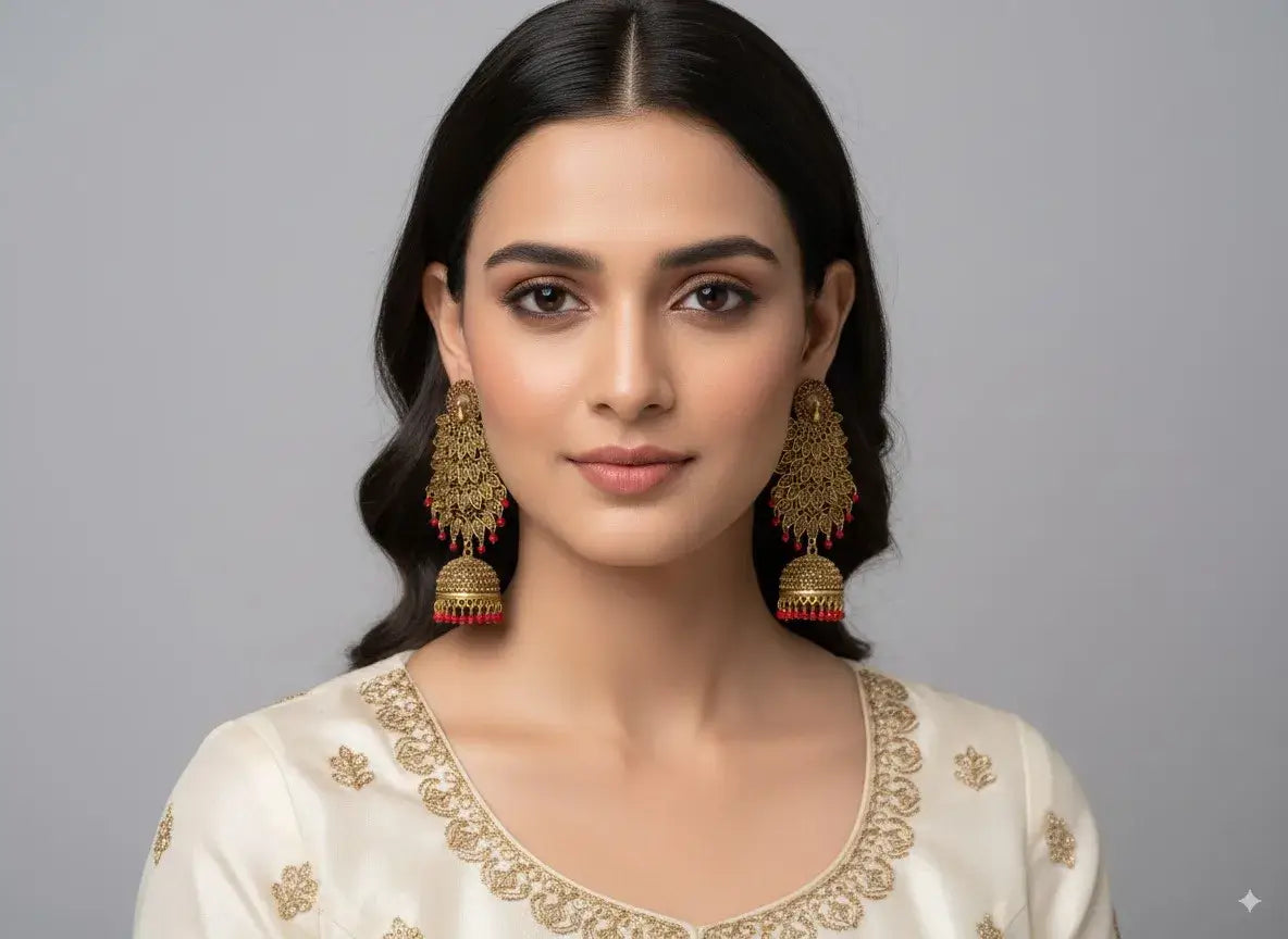 gold plated long jhumka earrings with red beads – bridal & ethnic wear worn by model in traditional outfit.