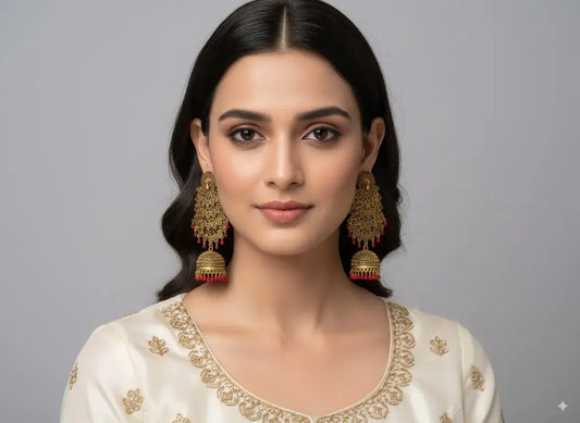 Gold Plated Long Jhumka Earrings with Red Beads – Bridal & Ethnic Wear worn by model in traditional outfit.