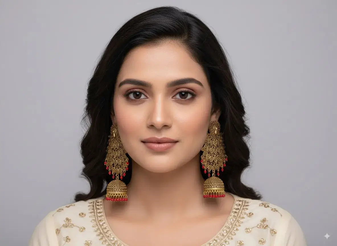 gold plated long jhumka earrings with red beads – bridal & ethnic wear worn by a model with elegant attire.