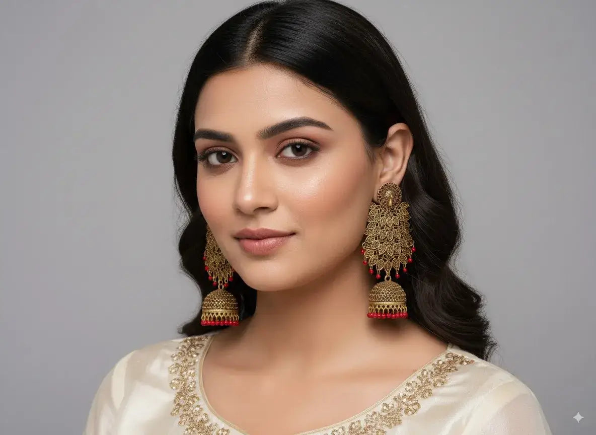 gold plated long jhumka earrings with red beads – bridal & ethnic wear worn by a model, showcasing traditional elegance.