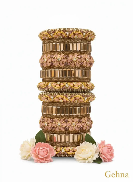 Peach & Gold Bridal Floral Bangles – Premium Ethnic Jewellery Set displayed with floral accents.