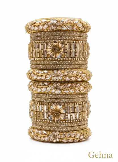 Golden Bridal Kundan Flower Design Bangles Set – Gehna featuring intricate floral motifs and sparkling stones.
