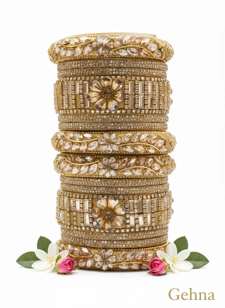 golden bridal kundan flower design bangles set – gehna showcasing intricate floral motifs and sparkling stones.