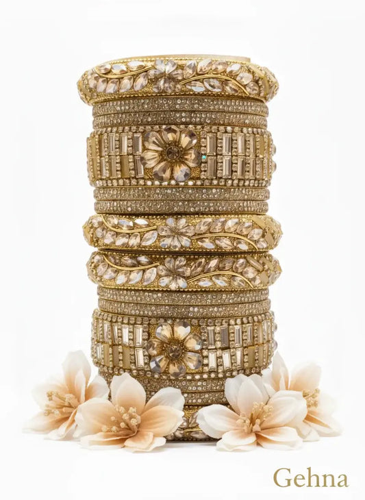 Golden Bridal Kundan Flower Design Bangles Set – Gehna showcasing intricate details and floral motifs.