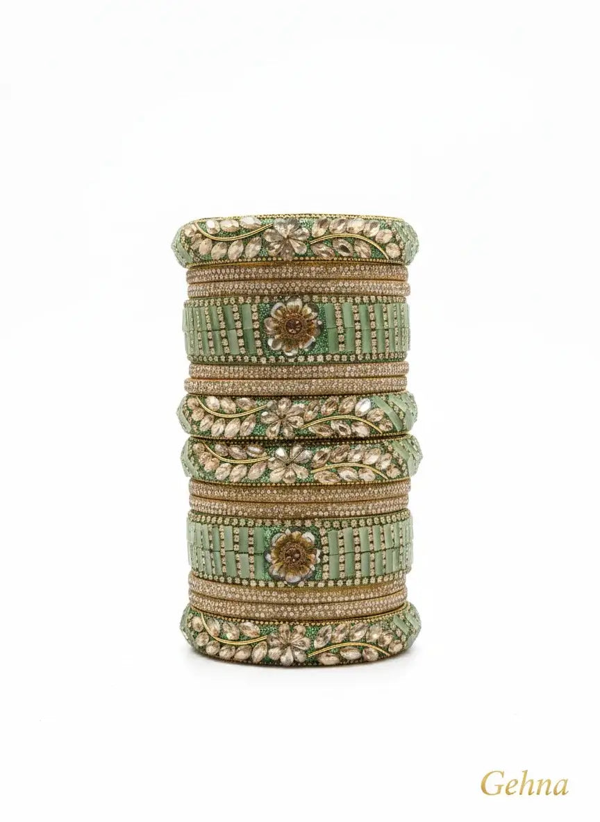 Green Bridal Kundan Floral Bangles Set – Gehna showcasing intricate floral patterns and kundan stones.
