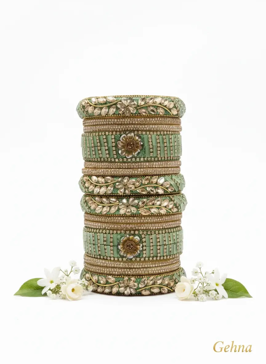 Green Bridal Kundan Floral Bangles Set – Gehna beautifully designed with kundan stones and floral patterns.