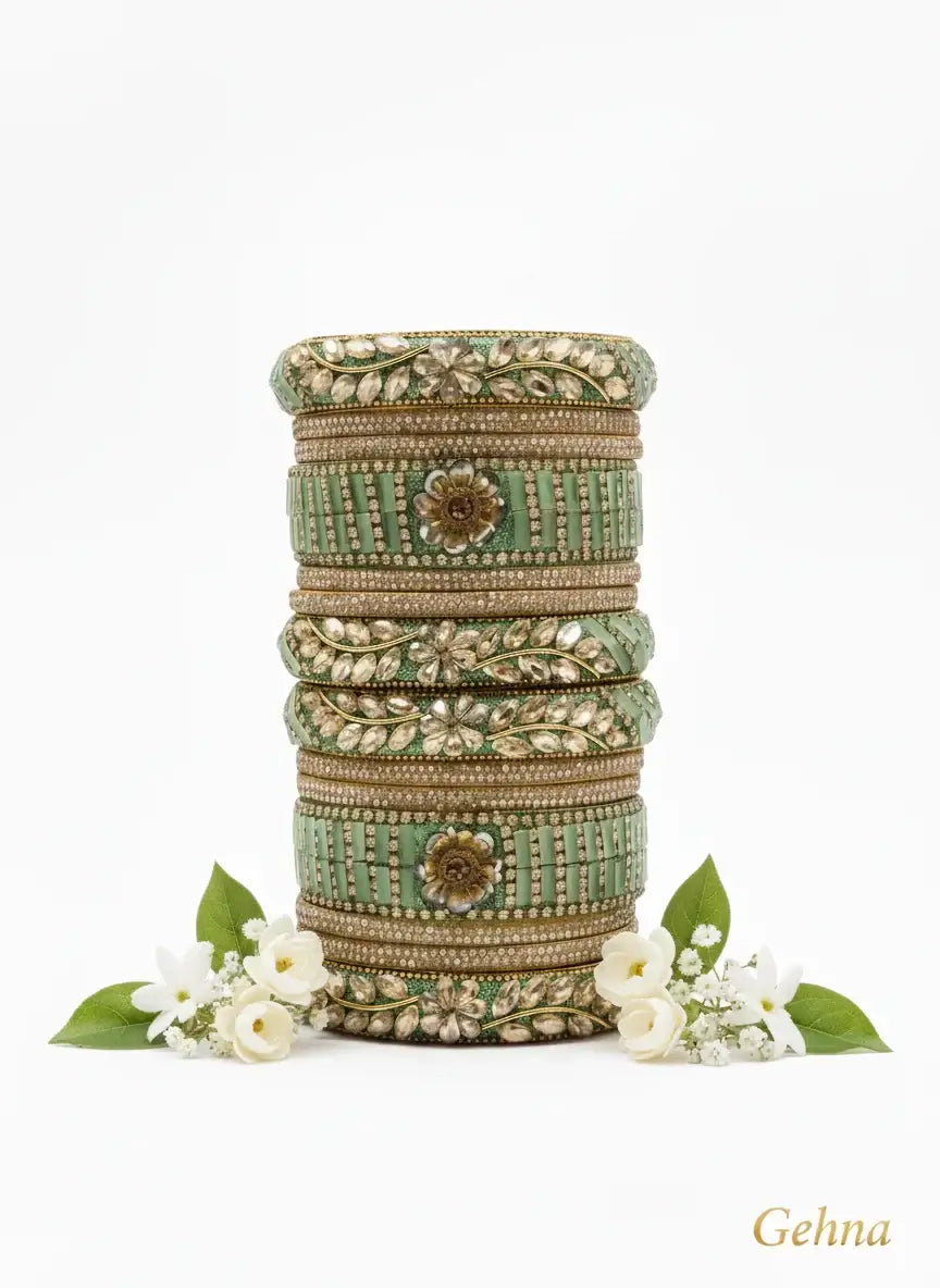 green bridal kundan floral bangles set – gehna displayed with floral accents.