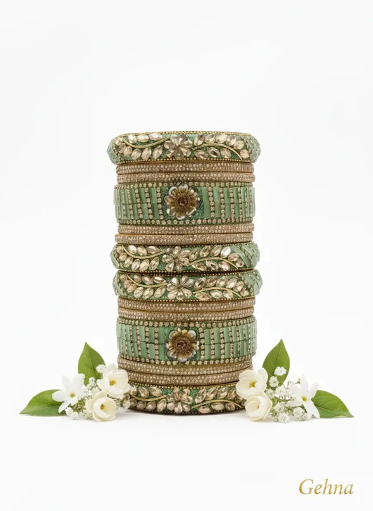 Green Bridal Kundan Floral Bangles Set – Gehna displayed with floral accents.
