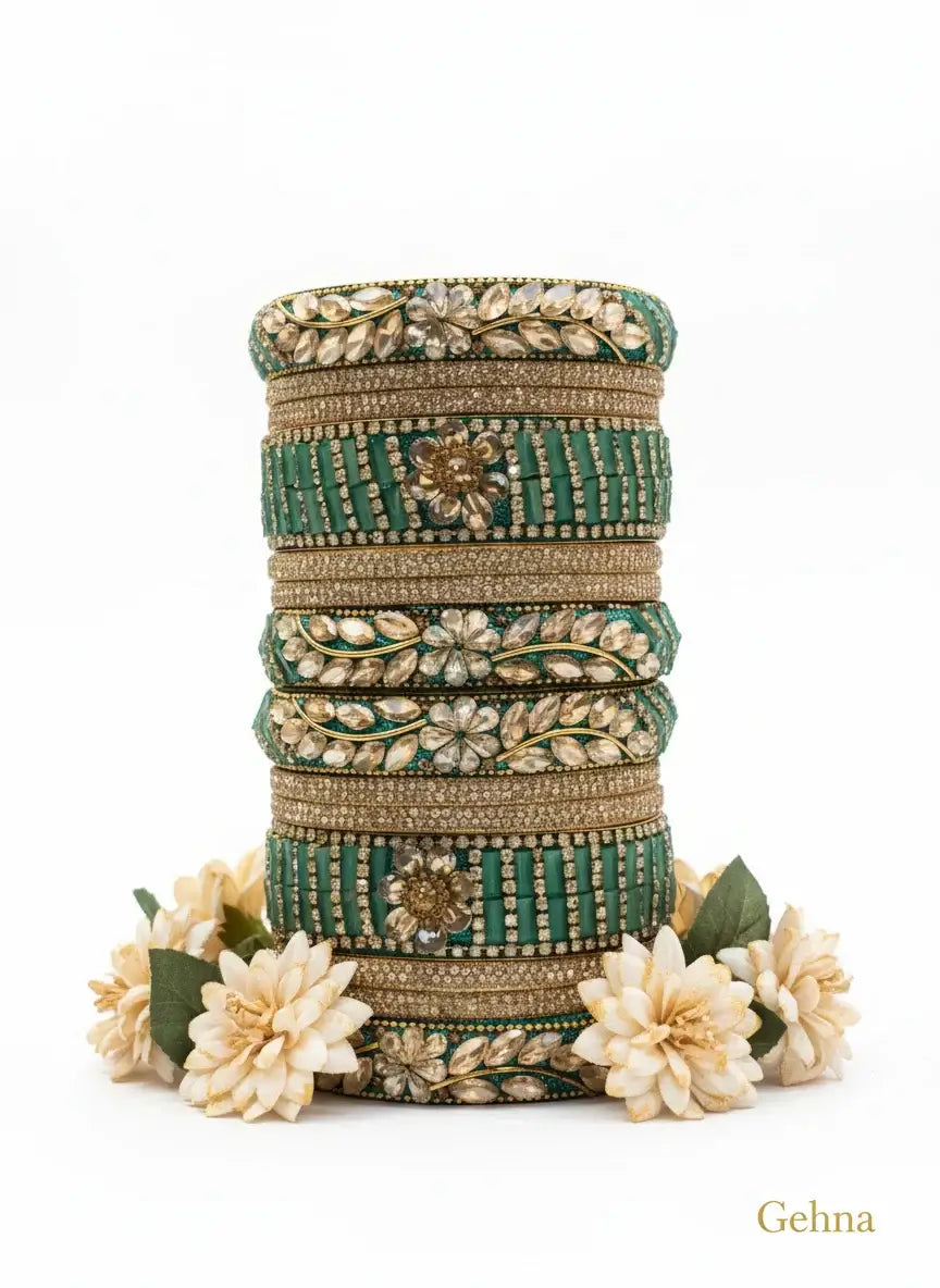 dark green bridal kundan bangles set – gehna featuring floral motifs and sparkling stones for elegant bridal wear.