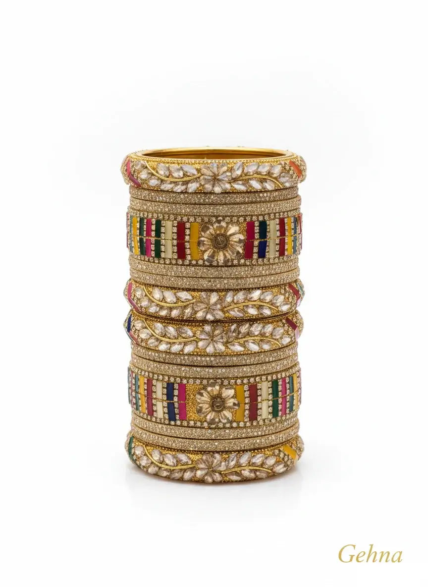 Multi-Color Bridal Kundan Bangles Set – Gehna showcasing intricate designs with vibrant hues and kundan stone embellishments.