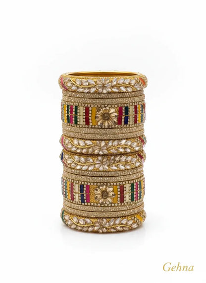 Multi-Color Bridal Kundan Bangles Set – Gehna showcasing intricate designs with vibrant hues and kundan stone embellishments.