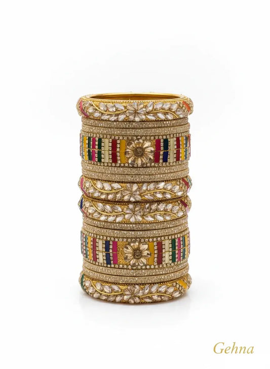Multi-Color Bridal Kundan Bangles Set – Gehna showcasing intricate designs with vibrant hues and kundan stone embellishments.