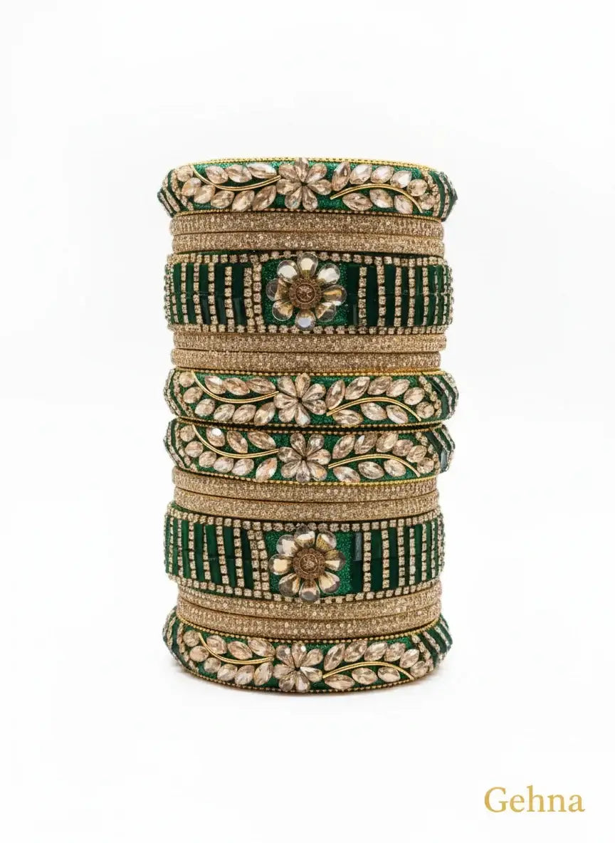 Emerald Green Bridal Kundan Bangles Set – Gehna featuring intricate floral motifs and sparkling kundan stones.