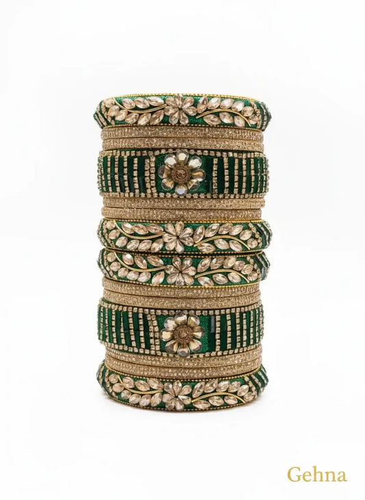 Emerald Green Bridal Kundan Bangles Set – Gehna featuring intricate floral motifs and sparkling kundan stones.