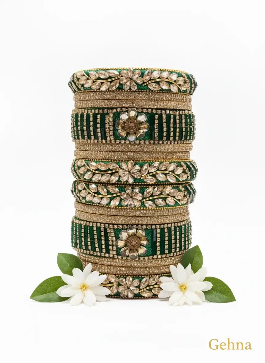 Emerald Green Bridal Kundan Bangles Set – Gehna featuring intricate floral motifs and sparkling kundan stones.