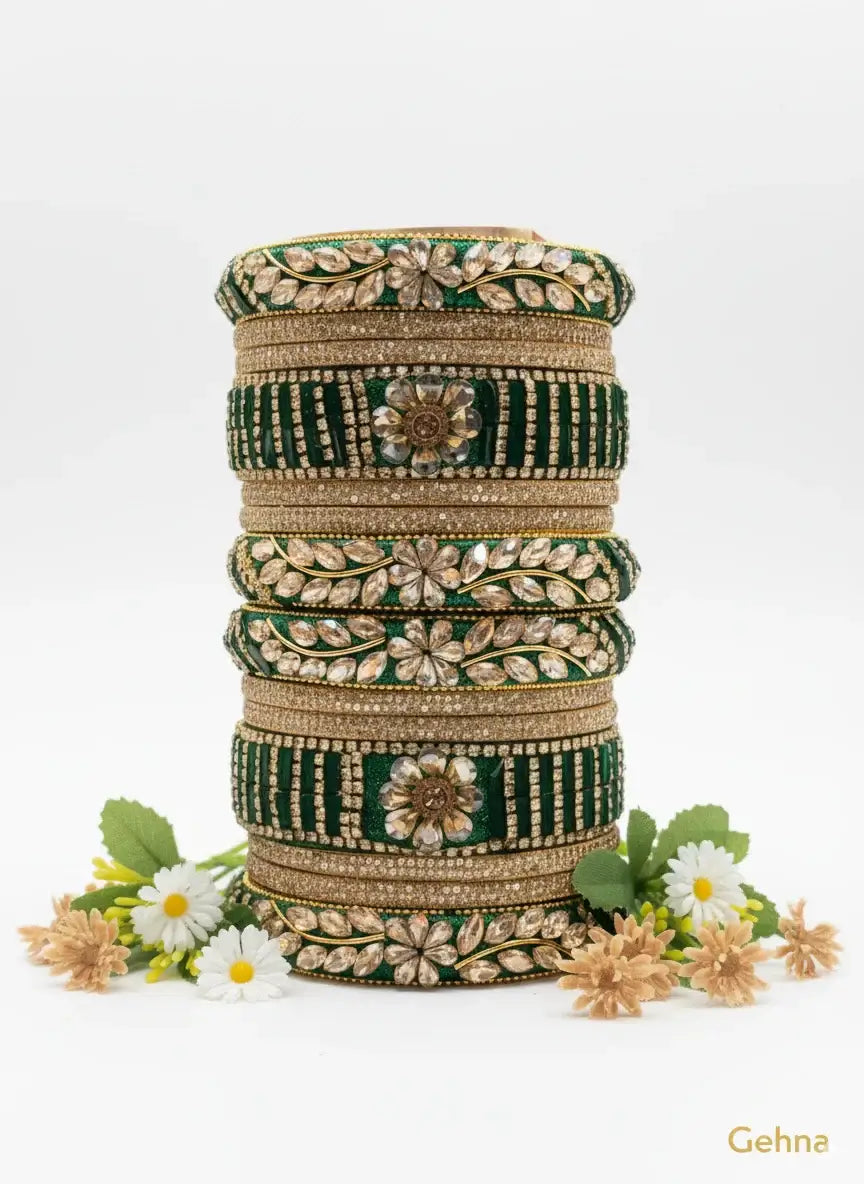 emerald green bridal kundan bangles set – gehna featuring intricate floral designs and sparkling kundan stones.