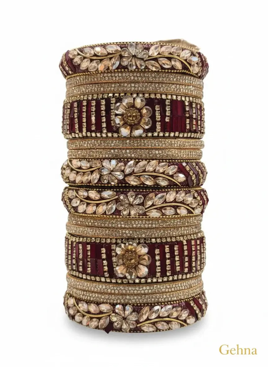 maroon bridal kundan floral bangles set – gehna featuring intricate floral designs and sparkling stones.