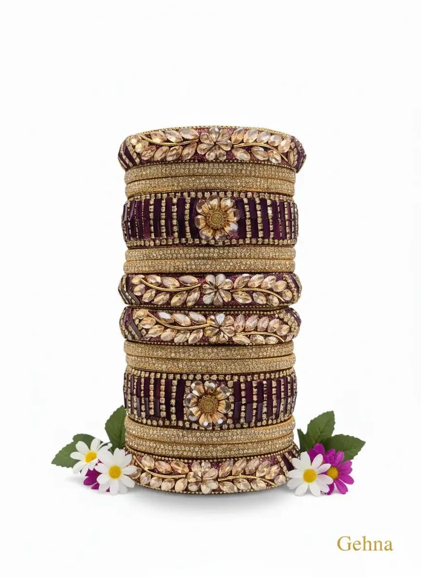 purple bridal kundan floral bangles set – gehna featuring intricate designs and floral motifs in a royal style.