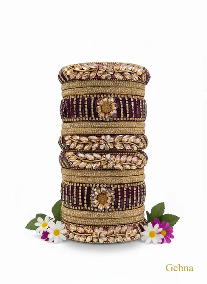 Purple Bridal Kundan Floral Bangles Set – Gehna featuring intricate designs and floral motifs in a royal style.