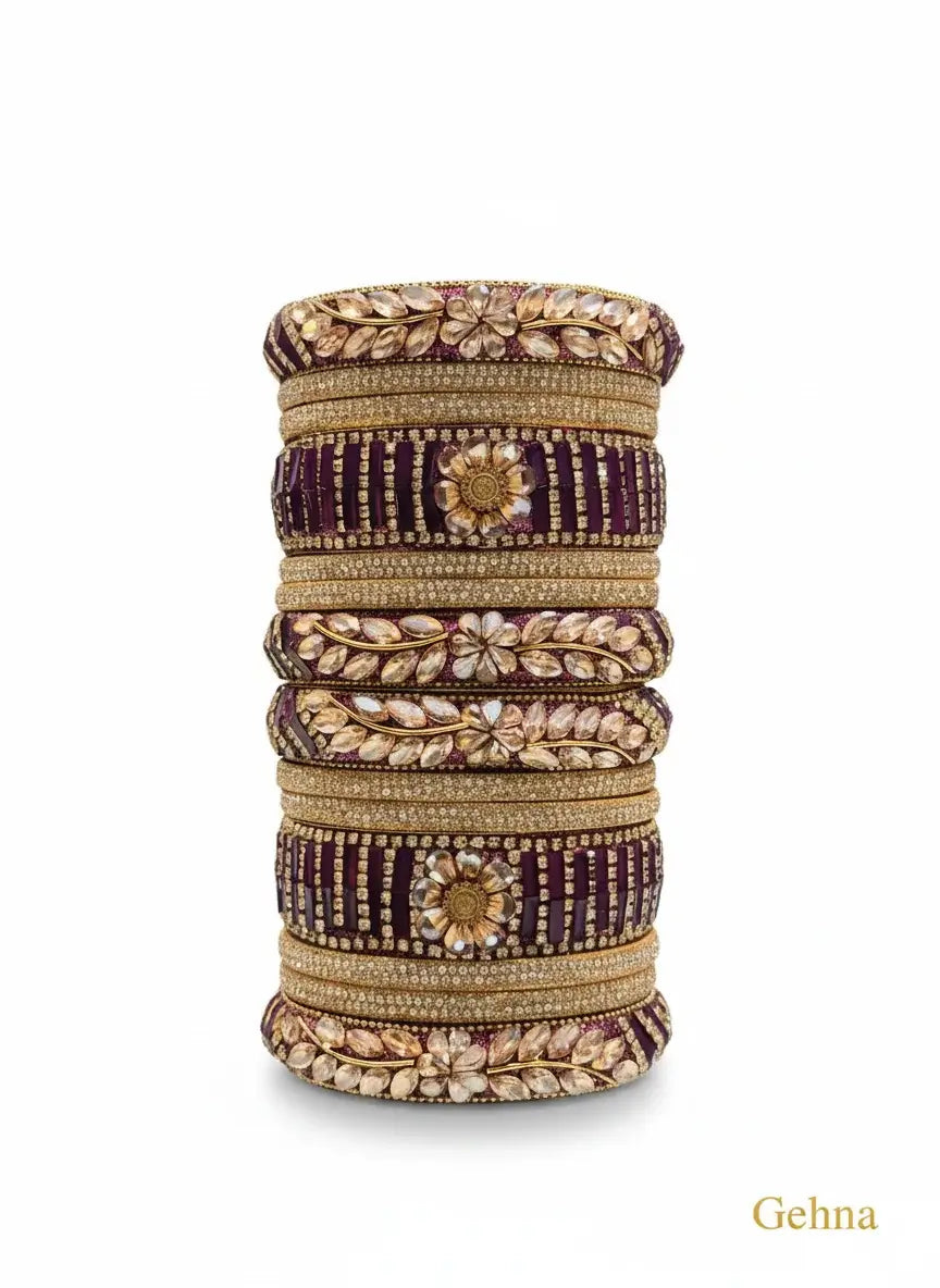 Purple Bridal Kundan Floral Bangles Set – Gehna featuring intricate floral designs and gold detailing.