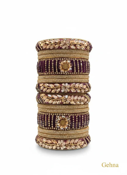Purple Bridal Kundan Floral Bangles Set – Gehna featuring intricate floral designs and gold detailing.