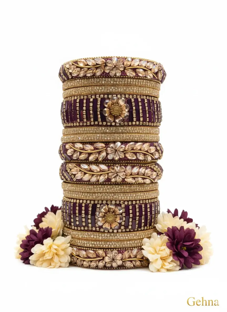 Purple Bridal Kundan Floral Bangles Set – Gehna displayed with floral accents for bridal elegance.