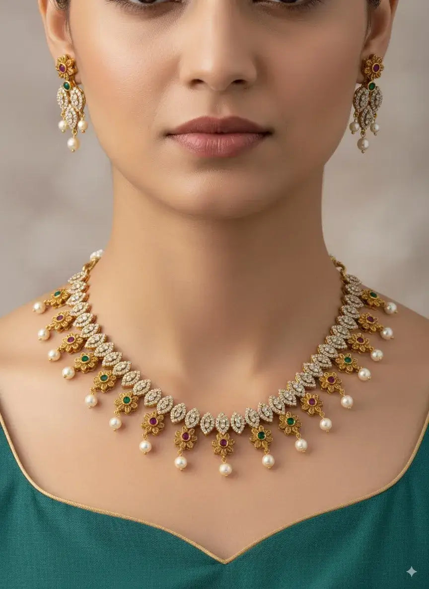 floral cz pearl necklace set with multicolor stones & earrings, featuring floral motifs and pearl danglers.