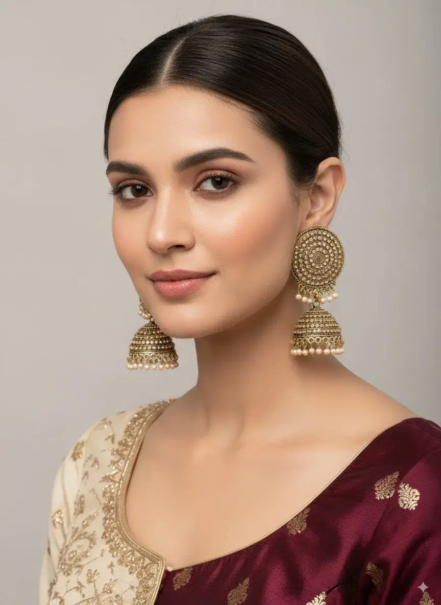 gold plated round jhumka earrings for women | traditional bridal party wear model wearing elegant earrings