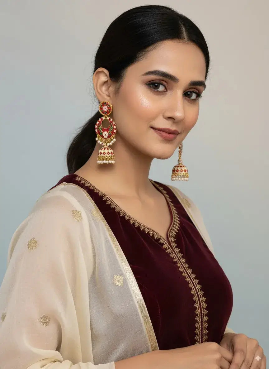 gehna red enamel jhumka earrings with pearl drops – premium ethnic jewellery for women worn by a model.