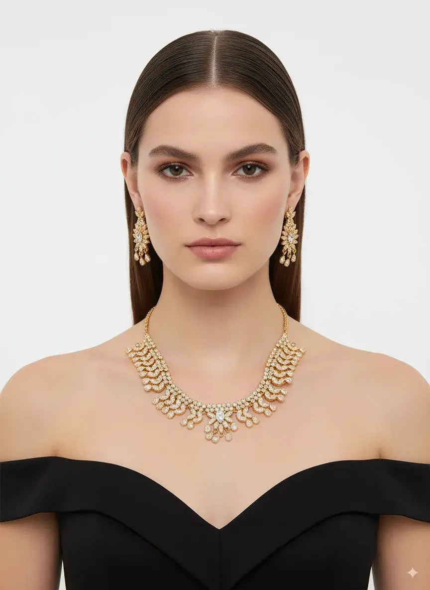cz designer necklace set with statement earrings worn by a model, featuring a stylish and elegant design.