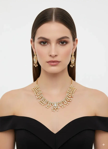 CZ Designer Necklace Set with Statement Earrings worn by a model, featuring a stylish and elegant design.