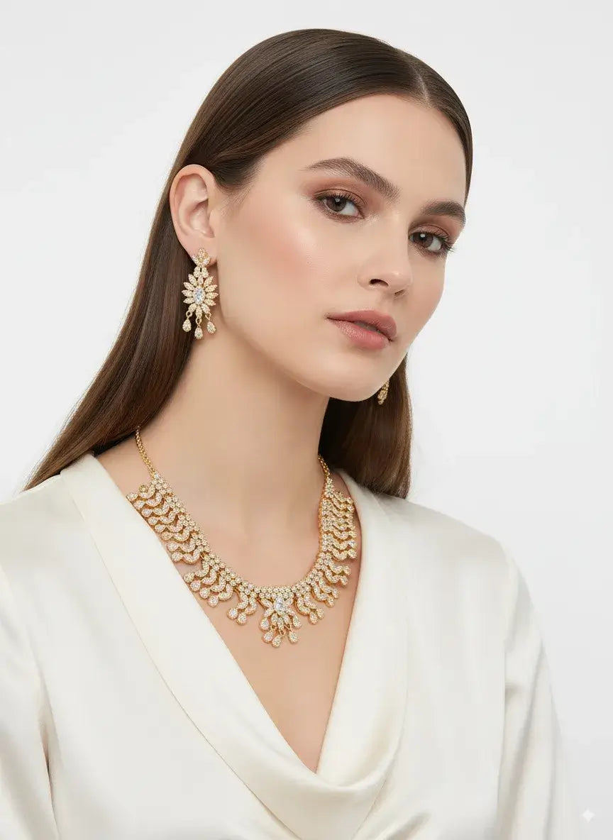 cz designer necklace set with statement earrings worn by model showcasing elegant jewelry design.